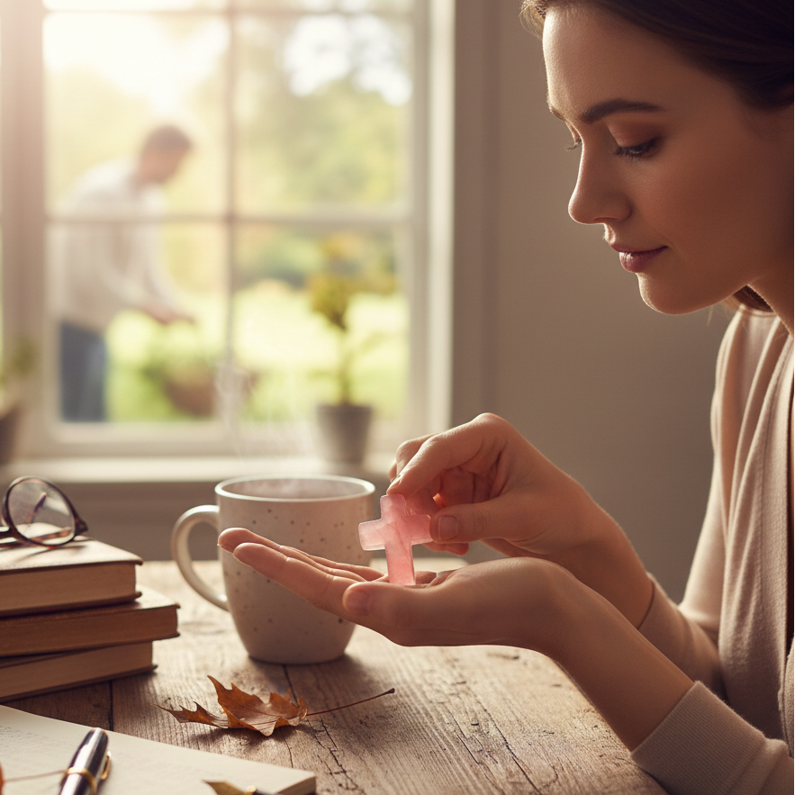 Woman holding a pink pill at a desk with books and a cup in the background