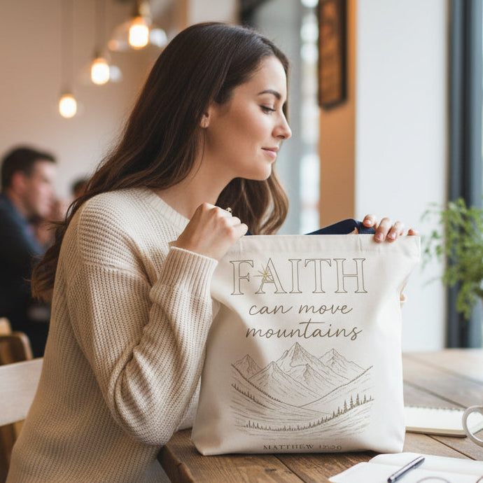 Woman holding a tote bag with 'Faith can move mountains' text in a cafe.
