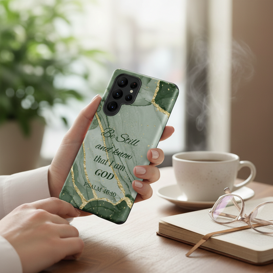 Christian Samsung Galaxy phone case featuring “Be Still and Know” (Psalm 46:10). Faith-inspired design with a daily reminder of peace. - Heavenly Treasures