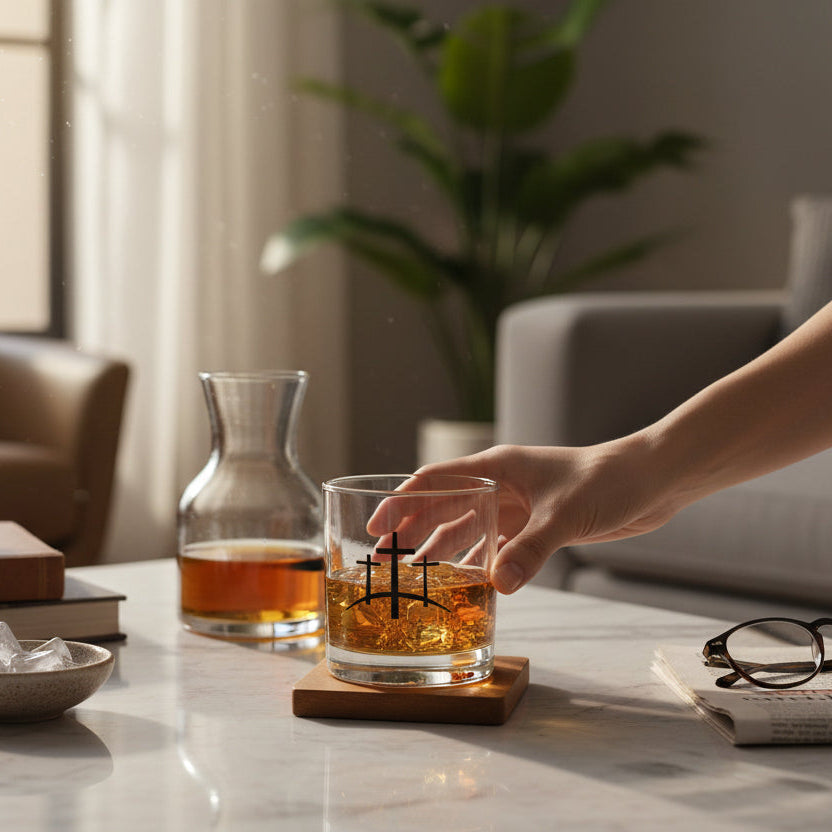 Person holding a glass of whiskey on a table with a blurred background