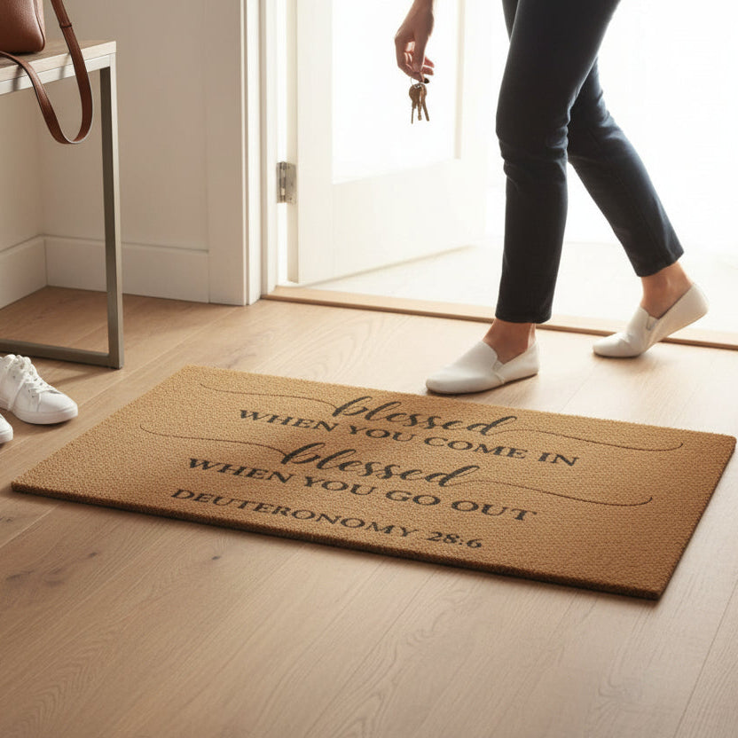 Doormat with inspirational quote on a wooden floor, person entering through glass door.
