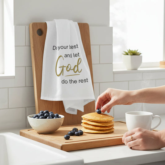 Person preparing pancakes with blueberries on a kitchen counter, with a motivational towel in the background.