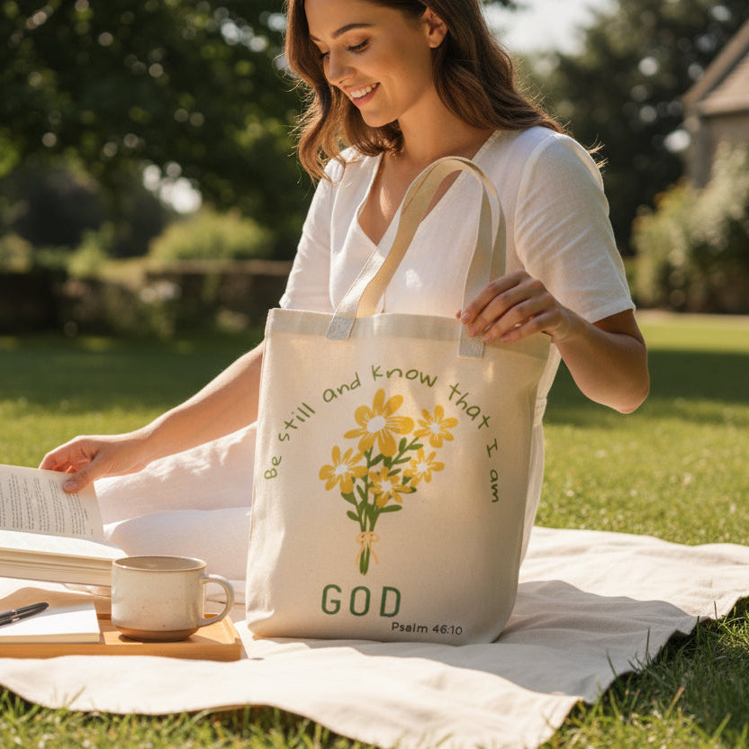Woman sitting on a blanket outdoors with a tote bag, book, and mug.