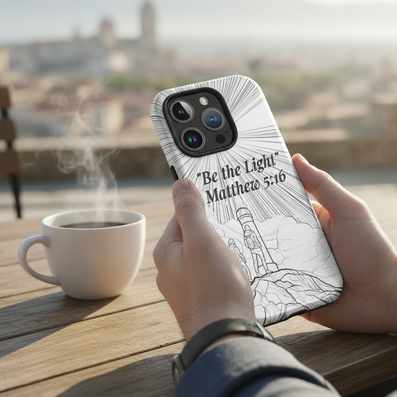 Person holding a phone with a 'Be the Light' design outdoors near a coffee cup.