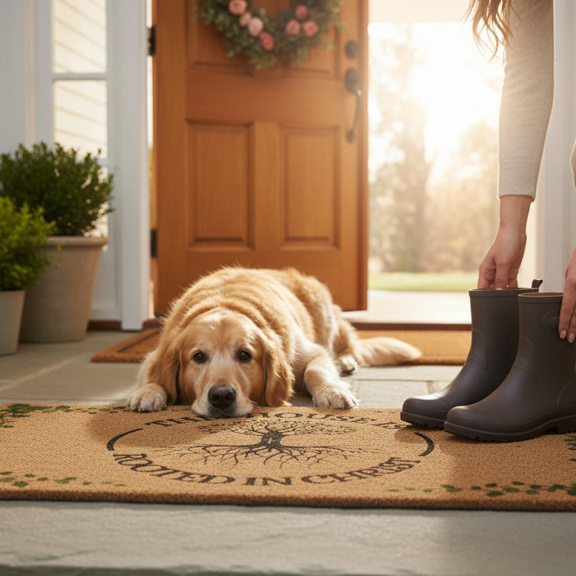 Dog lying on a welcome mat at the door with two pairs of boots nearby