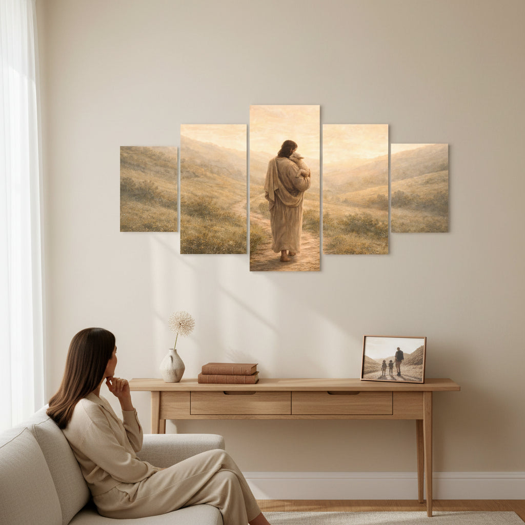 Woman sitting on a couch looking at a wall art set in a living room.