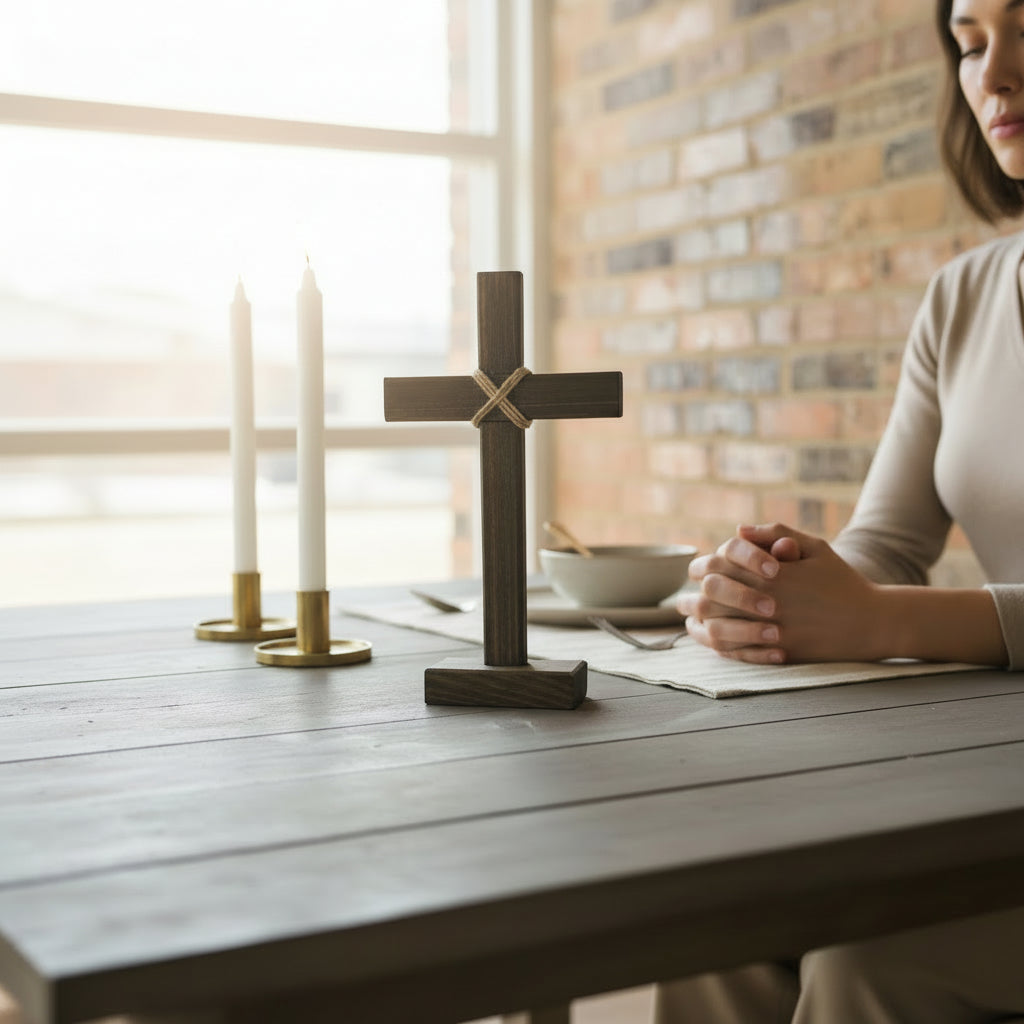 Person sitting at a table with a wooden cross, candles, and a bowl in a softly lit room.