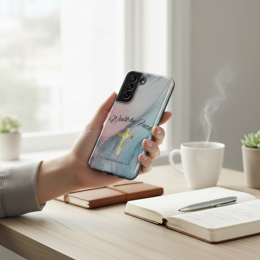 Samsung Galaxy Tough Phone Case – Walk by Faith Scripture Design with Gold Cross | 2 Corinthians 5:7 Christian Faith Phone Cover - Heavenly Treasures