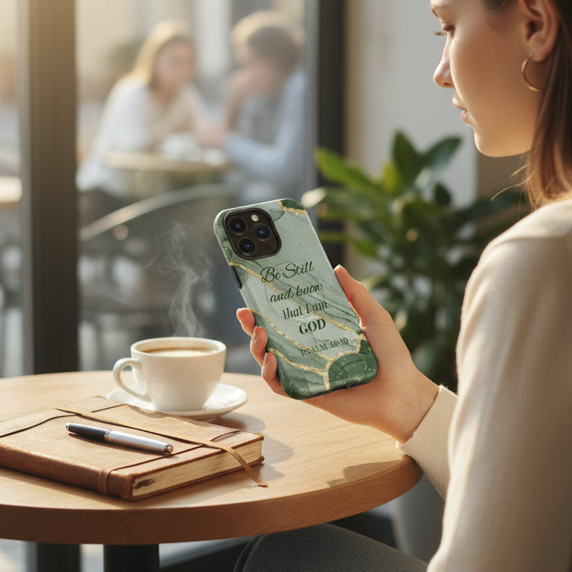 Woman holding a phone with a coffee cup and notebook on a table in a cafe.