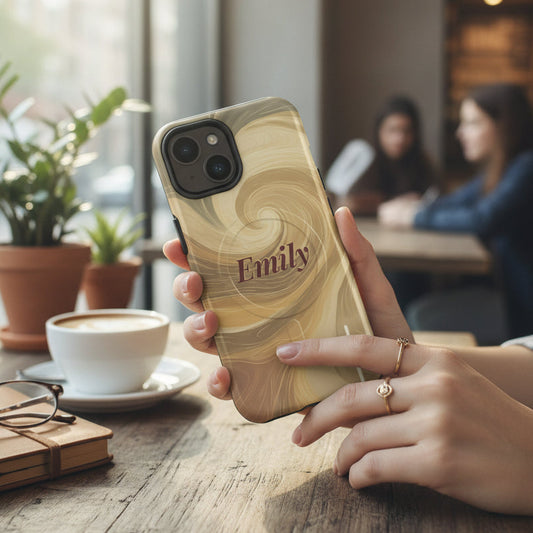 Person holding a phone with a wooden case in a cafe setting