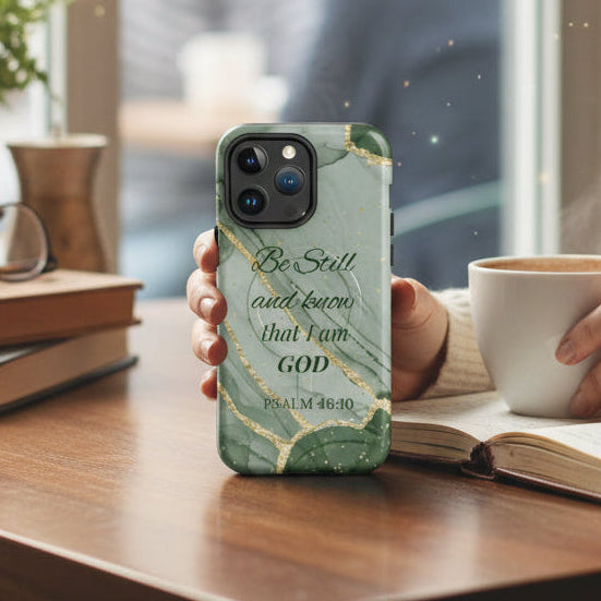 Person holding a phone with a green case and a cup of coffee in a cafe setting