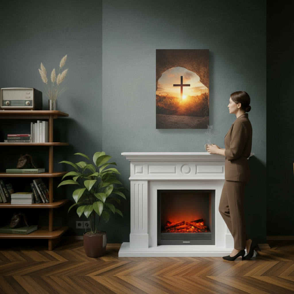 Woman standing in a living room with a fireplace, looking at a painting of a cross over water.