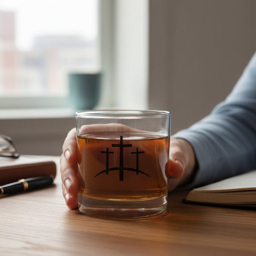 Person holding a glass of tea with a cross symbol, sitting at a desk with a notebook and glasses.