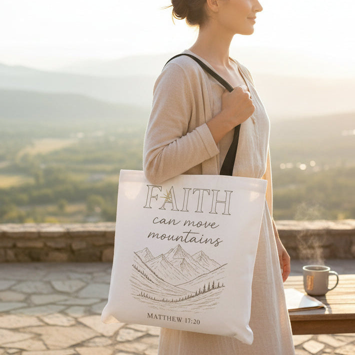Woman holding a tote bag with 'Faith can move mountains' text in a scenic outdoor setting.
