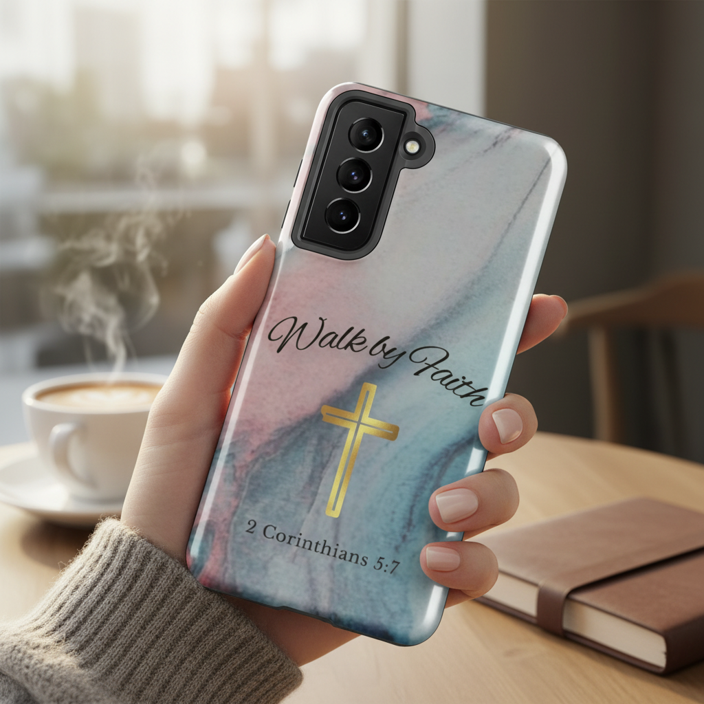 Samsung Galaxy Tough Phone Case – Walk by Faith Scripture Design with Gold Cross | 2 Corinthians 5:7 Christian Faith Phone Cover - Heavenly Treasures