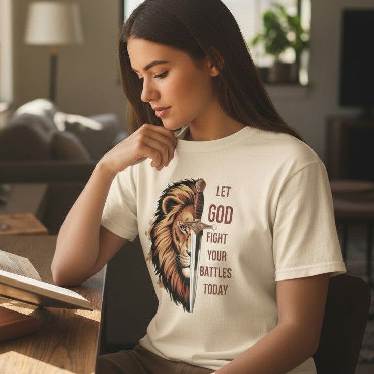 Woman sitting at a table with plants and books, wearing a t-shirt with a motivational design.