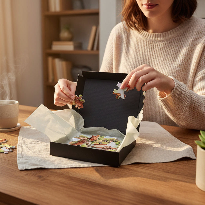 Woman opening a box of puzzle pieces on a wooden table with a cup of coffee and glasses.