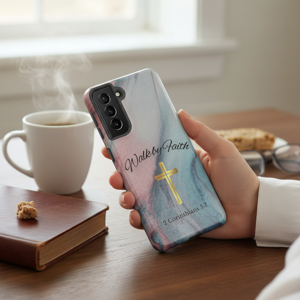 Samsung Galaxy Tough Phone Case – Walk by Faith Scripture Design with Gold Cross | 2 Corinthians 5:7 Christian Faith Phone Cover - Heavenly Treasures