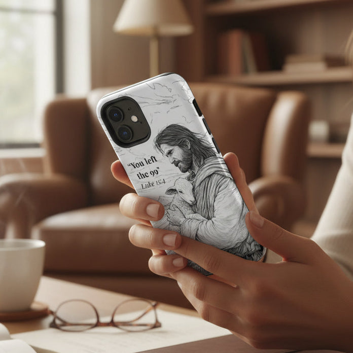Woman holding a phone with a design of a woman and child, sitting in a cozy room with books and a cup.