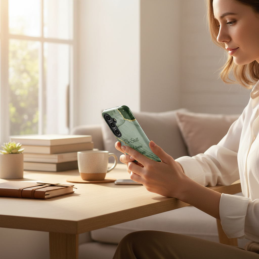 Christian Samsung Galaxy phone case featuring “Be Still and Know” (Psalm 46:10). Faith-inspired design with a daily reminder of peace. - Heavenly Treasures