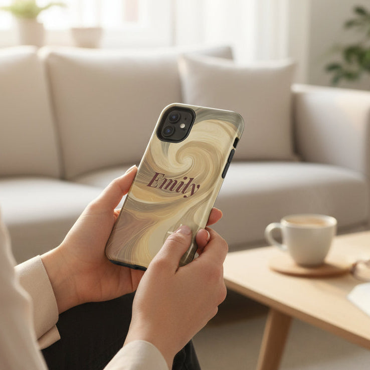 Person holding a phone with a 'Emily' case in a cozy living room.