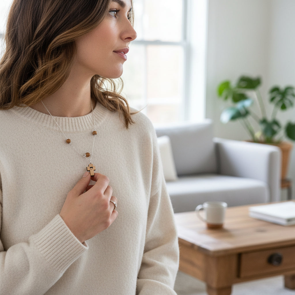 Woman wearing a beige sweater in a cozy living room setting