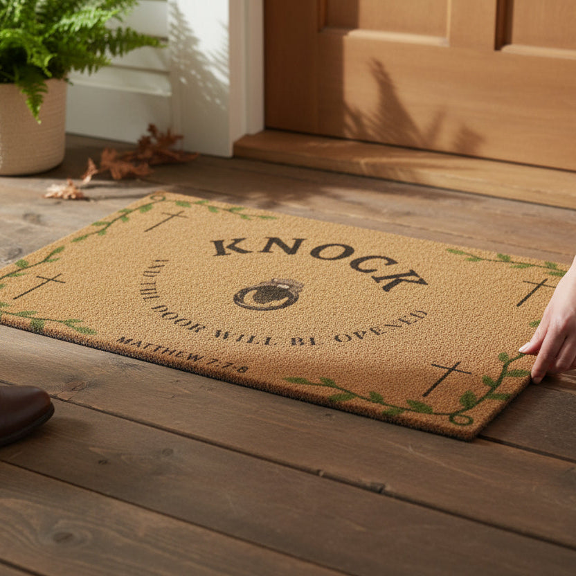 Doormat with 'Knock' text on wooden floor with boots and plant
