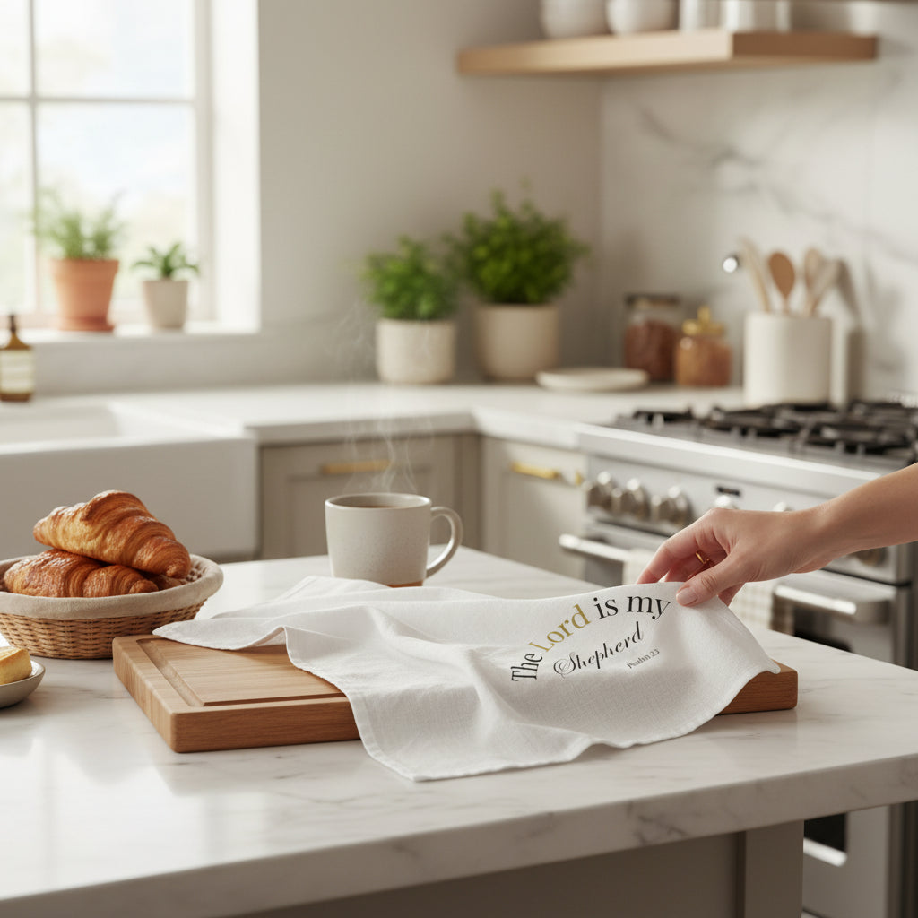 Kitchen counter with bread, mug, and towel with text, blurred person reaching for towel
