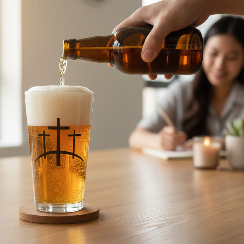 Person pouring beer into a glass with a blurred background of two people sitting at a table.