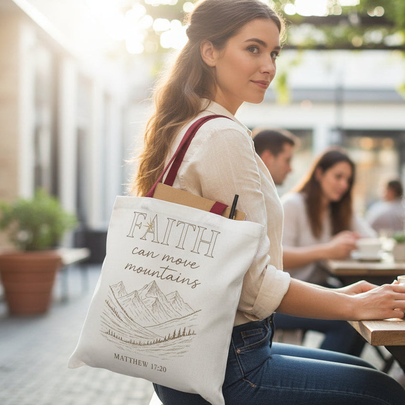 Faith Can Move Mountains Tote Bag – Matthew 17:20 Christian Faith Tote - Heavenly Treasures