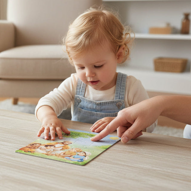 Child playing with a puzzle at a table in a living room