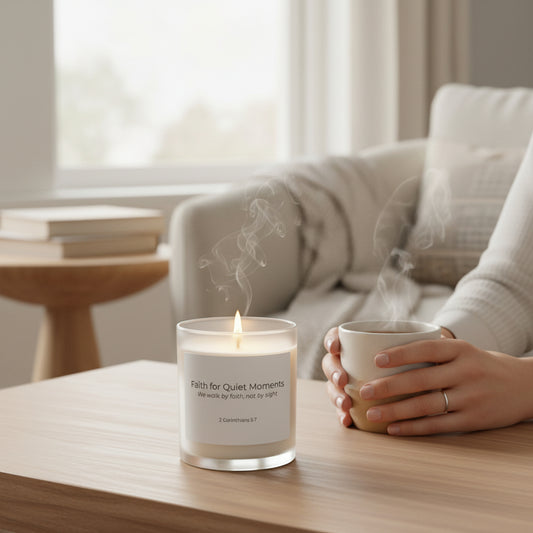 Candle labeled 'Faith for Quiet Moments' on a table with a person holding a mug.