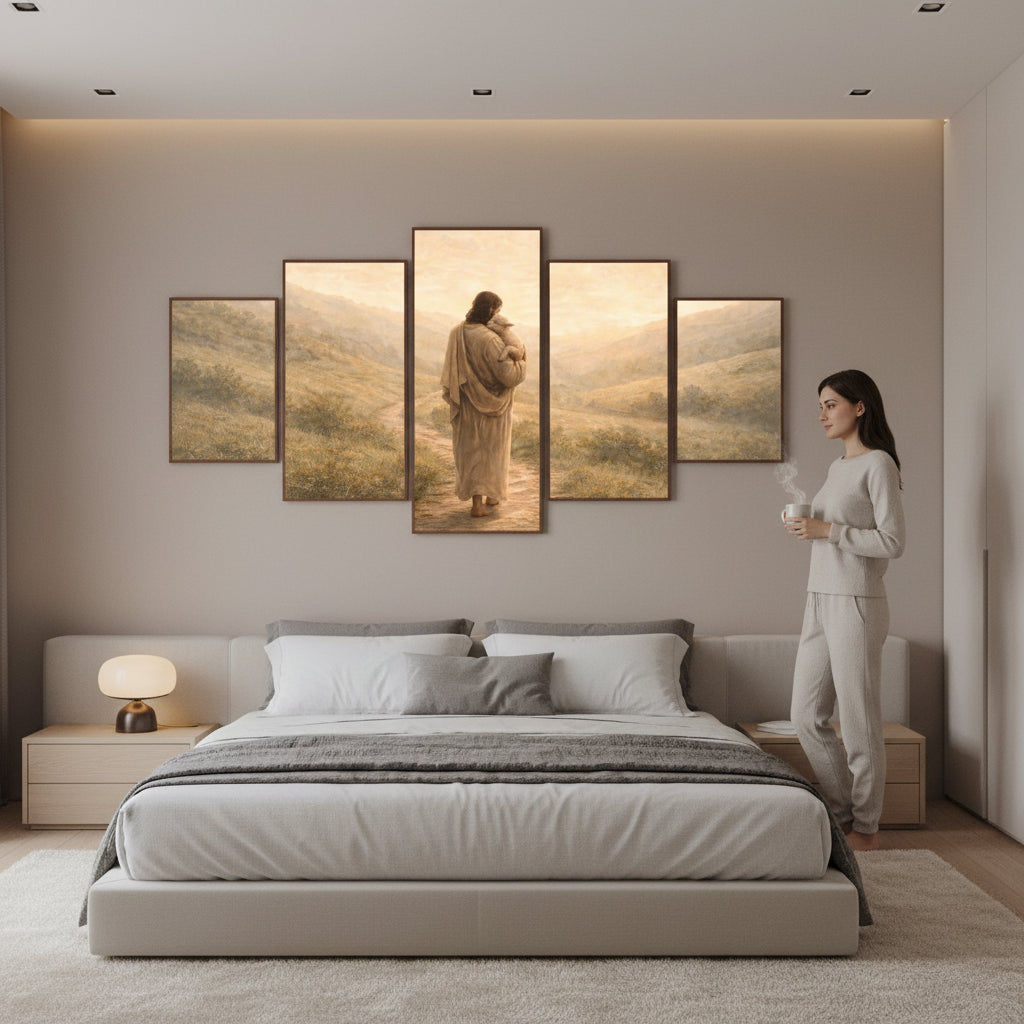 Woman standing in a bedroom looking at a wall art set depicting a person walking on a path with scenic views.