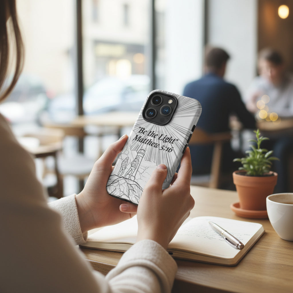 Person holding a phone with a 'Be the Light' design in a cafe.