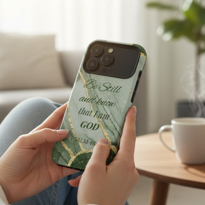 Person holding a phone with a green marble case featuring text, in a home setting.
