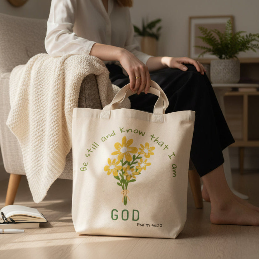 Person holding a tote bag with a floral design and text, sitting on a chair in a room.