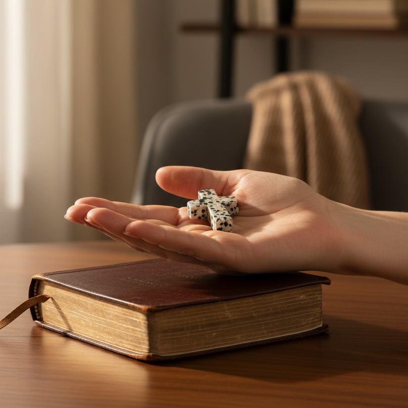 Hand holding a small cross over an open book on a wooden table.