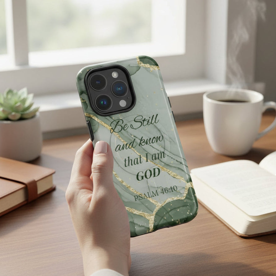Person holding a phone with a green case featuring a motivational quote, surrounded by a cup of coffee and books on a desk.