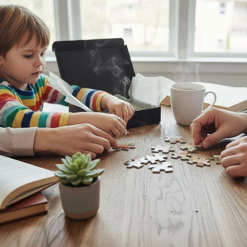 Child and adult working on a puzzle together at a table with books and a plant.
