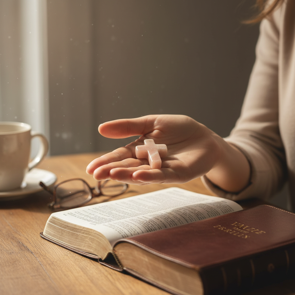 Person holding a small cross with an open book, cup, and glasses on a table.