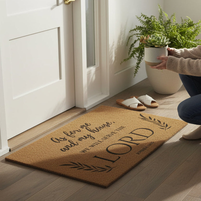 Person placing a plant on a doormat with a religious message in a home setting.