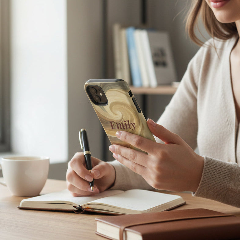 Woman using a phone with a wooden case at a desk with a notebook and pen.