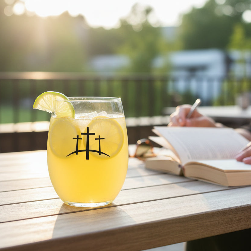 Glass of lemonade with a slice of lemon on a wooden table outdoors, person reading a book.