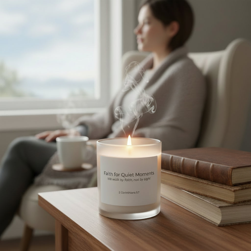 Woman sitting on a couch with a candle labeled 'Faith for Quiet Moments' and a stack of books on a table.