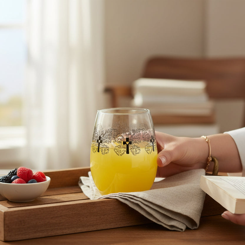 Person holding a glass of orange juice on a wooden tray with a bowl of fruit and a book.