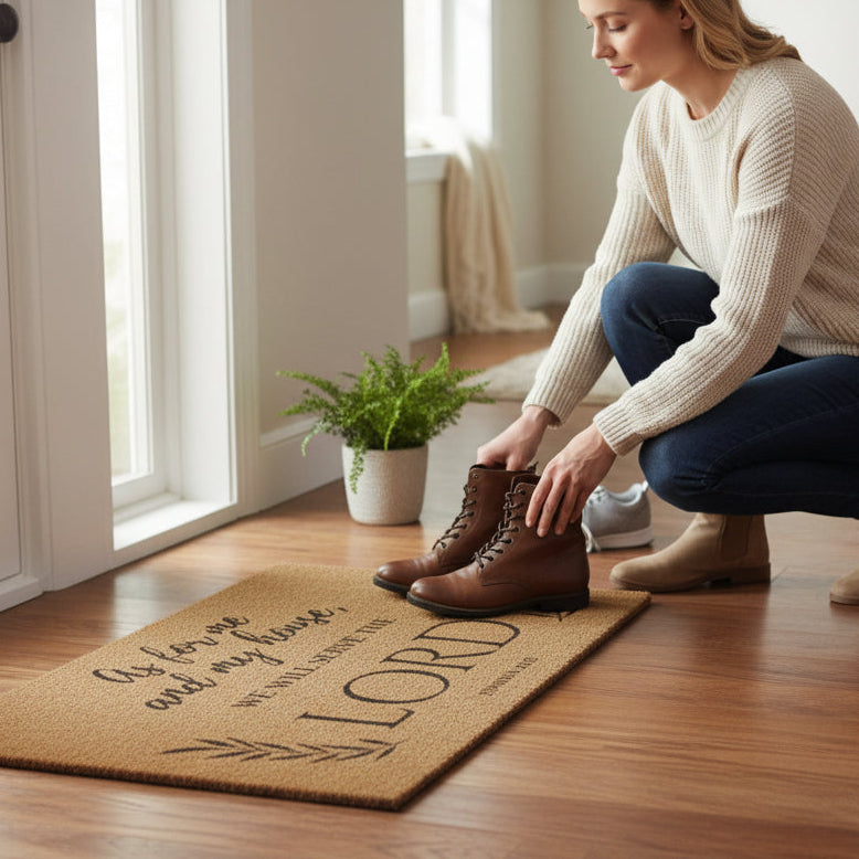 Woman putting on boots next to a doormat with text in a bright room.