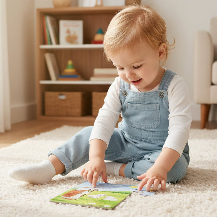 Child playing with a book on a carpeted floor in a living room.