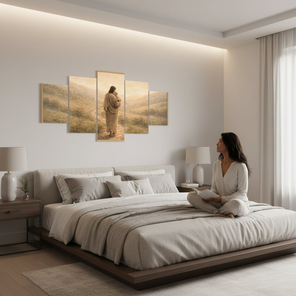 Woman sitting on a bed in a modern bedroom with wall art depicting a couple in a field.
