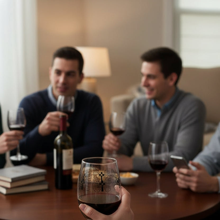 Four people sitting around a table enjoying wine in a cozy living room.