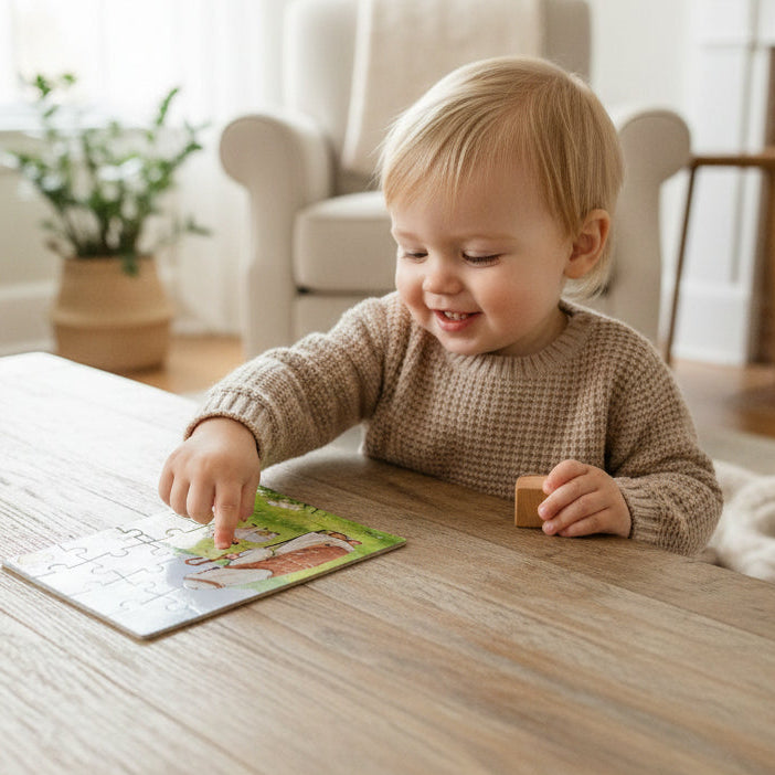 Child playing with a book on a wooden table in a cozy living room.